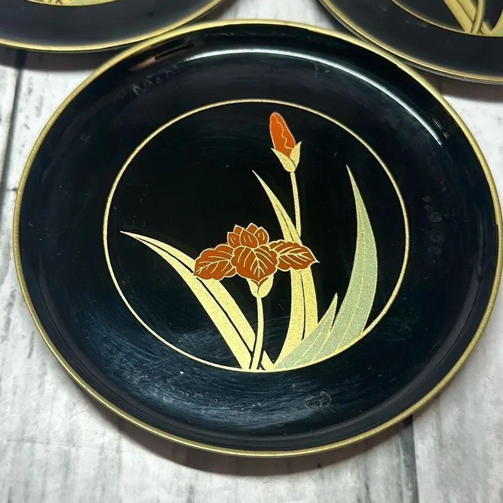 Vintage Otagiri Japan Black Lacquer Coaster Set of 3‎ with Box